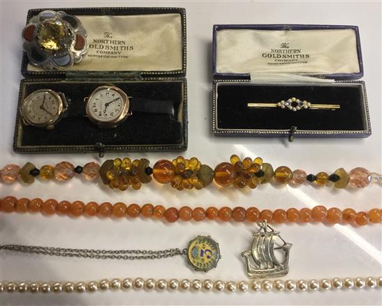 Gold bar brooch, 2 gold watches, coin, necklaces etc